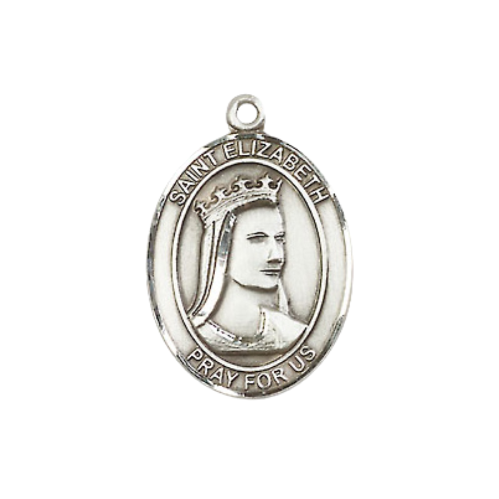 Medium Women's .925 Sterling Silver Saint St. Elizabeth of Hungary Pendant Necklace on 18- Inch Rhodium Plated Lite Curb Brass Chain – Patron Saint St. of Bakers & Homeless, Catholic Medal – Velvet Gift Box Included