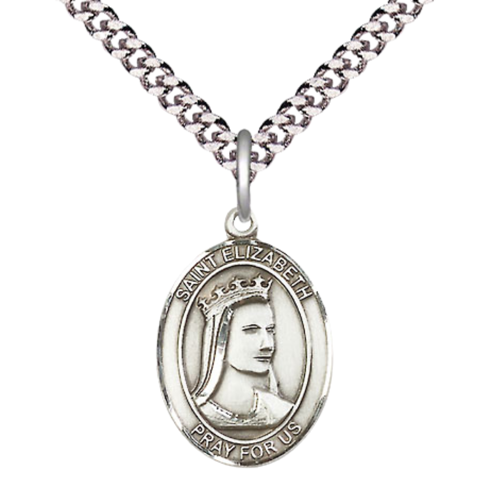 Medium Men's Pewter Saint St. Elizabeth of Hungary Medal Pendant on 24 Inch Endless Rhodium Plated Heavy Curb Brass Chain, Catholic Religious Necklace - Made in USA- Deluxe Velvet Gift Box