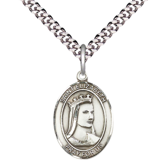 Medium Men's .925 Sterling Silver Saint St. Elizabeth of Hungary Medal Pendant on 24 Inch Endless Rhodium Plated Heavy Curb Brass Chain, Catholic Religious Necklace - Made in USA- Deluxe Velvet Gift Box