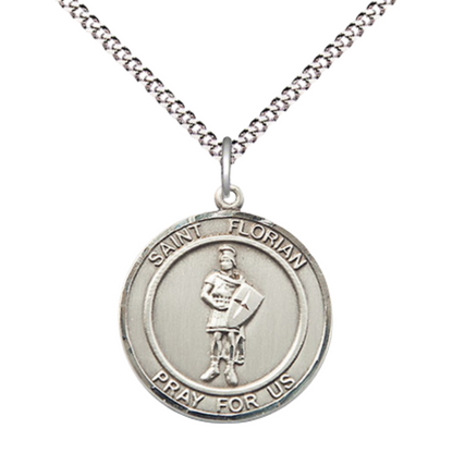 Medium Women's Pewter Saint St. Florian Medal Pendant on 18 Inch Rhodium Plated Lite Curb Brass Chain w/Lobster Claw clasp, Catholic Religious Necklace - Made in USA - Deluxe Velvet Gift Box