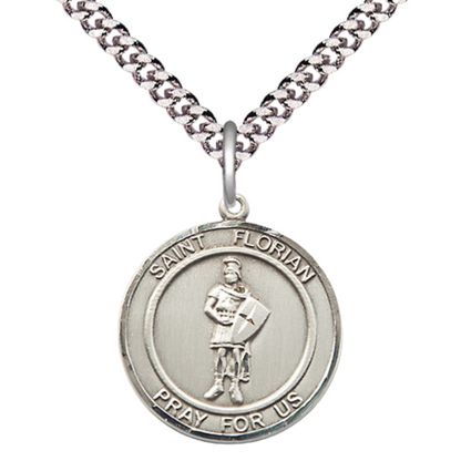 Everlasting Light Jewelry Medium Men's Pewter Saint St. Florian Medal Pendant on 24 Inch Endless Rhodium Plated Heavy Curb Brass Chain, Catholic Religious Necklace - Made in USA - Deluxe Velvet Gift Box