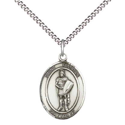 Everlasting Light Jewelry Medium Women's Pewter Saint St. Florian Pendant Necklace on 18- inch Rhodium- Plated Lite Curb Brass Chain – Patron Saint St. of Fire Fighters – ¾ x ½ Medal, Catholic Medal – Velvet Gift Box Included