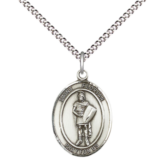 Everlasting Light Jewelry Medium Women's Sterling Silver Saint Florian Pendant Necklace on 18-Inch Rhodium Plated Lite Curb Brass Chain – Patron Saint of Fire Fighters – Velvet Gift Box Included