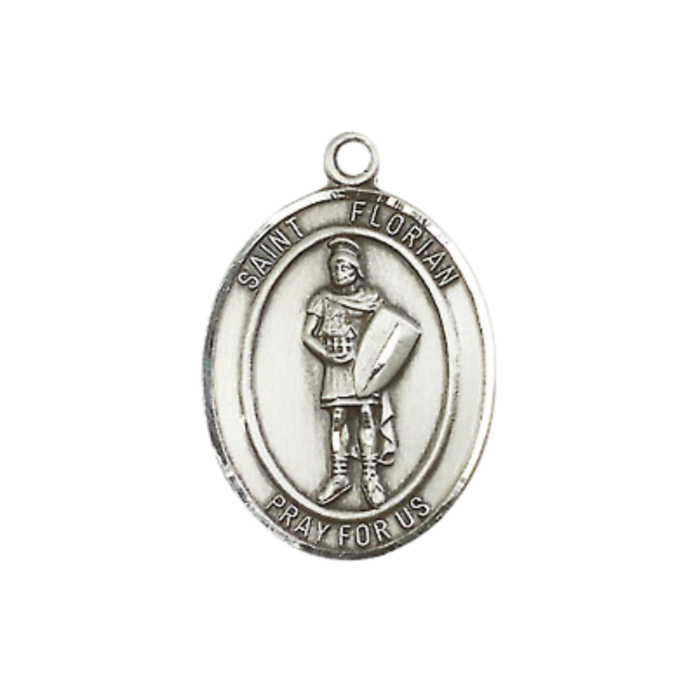 Everlasting Light Jewelry Medium Women's Pewter Saint St. Florian Pendant Necklace on 18- inch Rhodium- Plated Lite Curb Brass Chain – Patron Saint St. of Fire Fighters – ¾ x ½ Medal, Catholic Medal – Velvet Gift Box Included