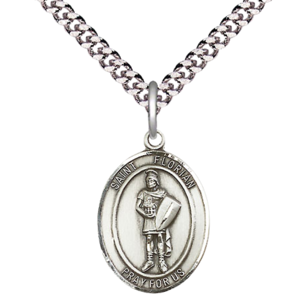 Medium Men's .925 Sterling Silver Saint St. Florian Medal Pendant on 24 Inch Endless Rhodium Plated Heavy Curb Brass Chain, Catholic Religious Necklace - Made in USA- Deluxe Velvet Gift Box