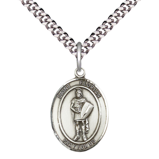 Everlasting Light Jewelry Medium Men's Pewter Saint St. Florian Medal Pendant on 24 Inch Endless Rhodium Plated Heavy Curb Brass Chain, Catholic Religious Necklace - Made in USA- Deluxe Velvet Gift Box