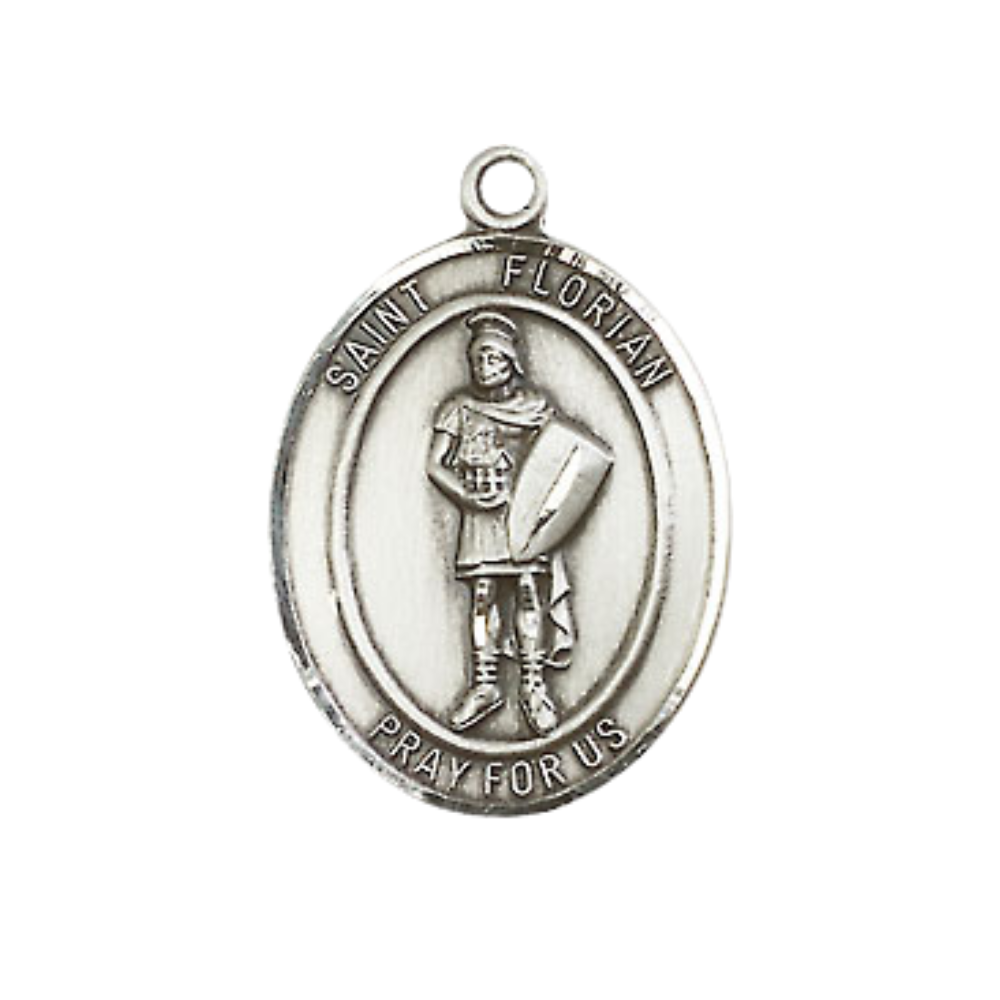 Medium Men's .925 Sterling Silver Saint St. Florian Medal Pendant on 24 Inch Endless Rhodium Plated Heavy Curb Brass Chain, Catholic Religious Necklace - Made in USA- Deluxe Velvet Gift Box