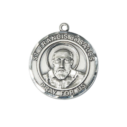 Medium Women's Pewter Saint St. Francis de Sales Medal Pendant on 18 Inch Rhodium Plated Lite Curb Brass Chain w/ Lobster Claw clasp, Catholic Religious Necklace - Made in USA - Deluxe Velvet Gift Box