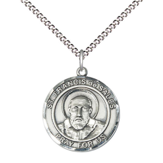 Medium Women's .925 Sterling Silver Saint St. Francis de Sales Pendant Necklace on 18 Inch Rhodium- Plated Lite Curb Brass Chain with Lobster Claw Clasp, Catholic Medal - Patron Saint. of Authors, Teachers & Deafness – Velvet Gift Box