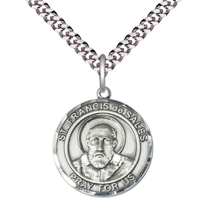 Mens Medium Round Pewter Saint Francis de Sales Medal Pendant on 24" Rhodium Plated Heavy Curb Brass Chain w/ Lobster Claw Clasp,Catholic Religious Necklace -Made in USA-Velvet Gift Box