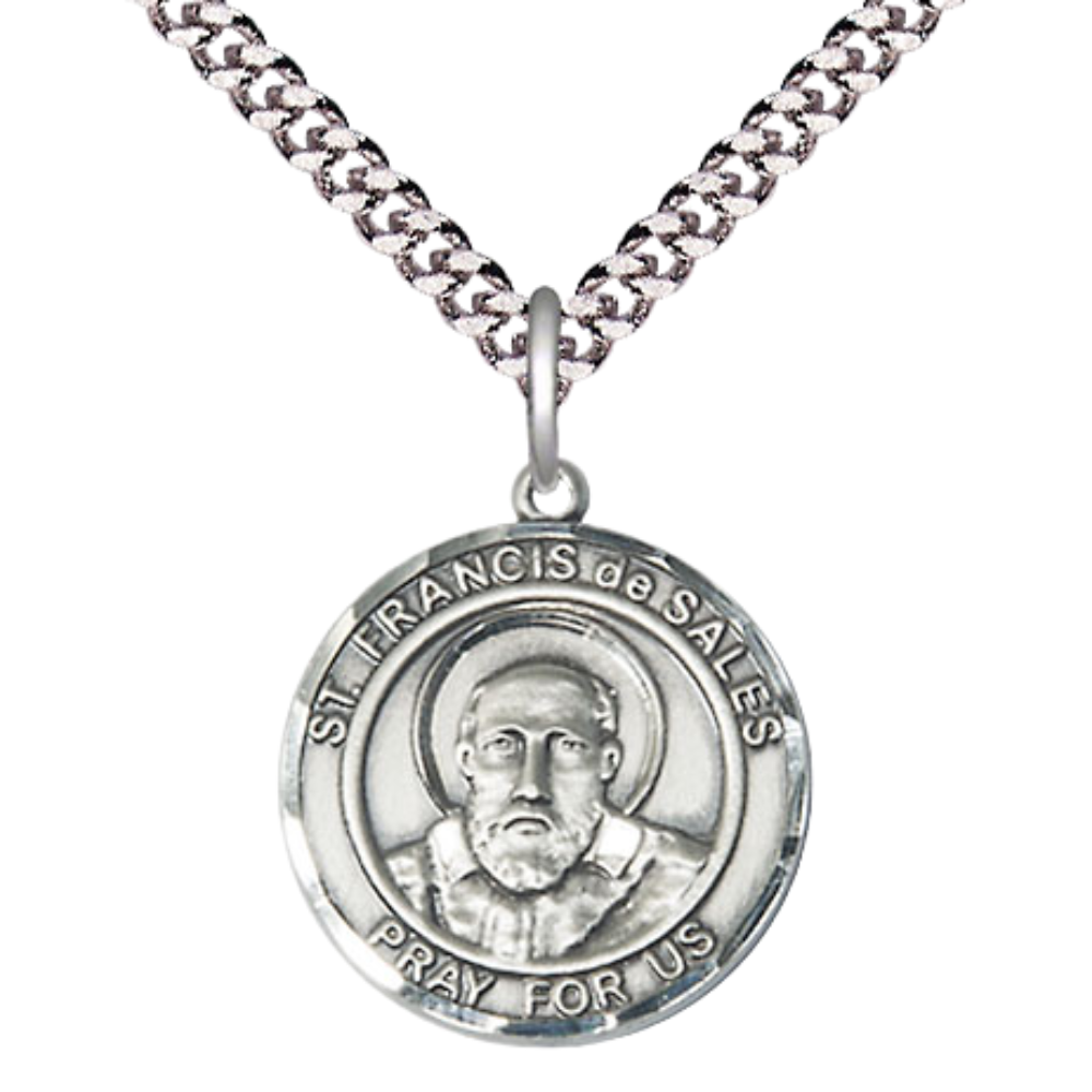 Medium Men's .925 Sterling Silver Saint Francis de Sales Medal Pendant on 24 Inch Endless Rhodium Plated Heavy Curb Brass Chain, Catholic Religious Necklace -Made in USA- Deluxe Velvet Gift Box