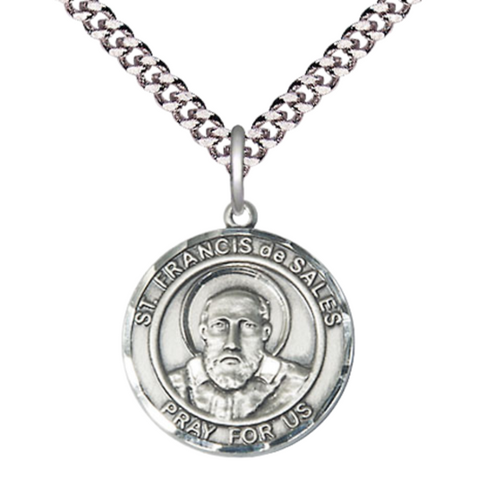 Medium Men's .925 Sterling Silver Saint Francis de Sales Medal Pendant on 24 Inch Endless Rhodium Plated Heavy Curb Brass Chain, Catholic Religious Necklace -Made in USA- Deluxe Velvet Gift Box