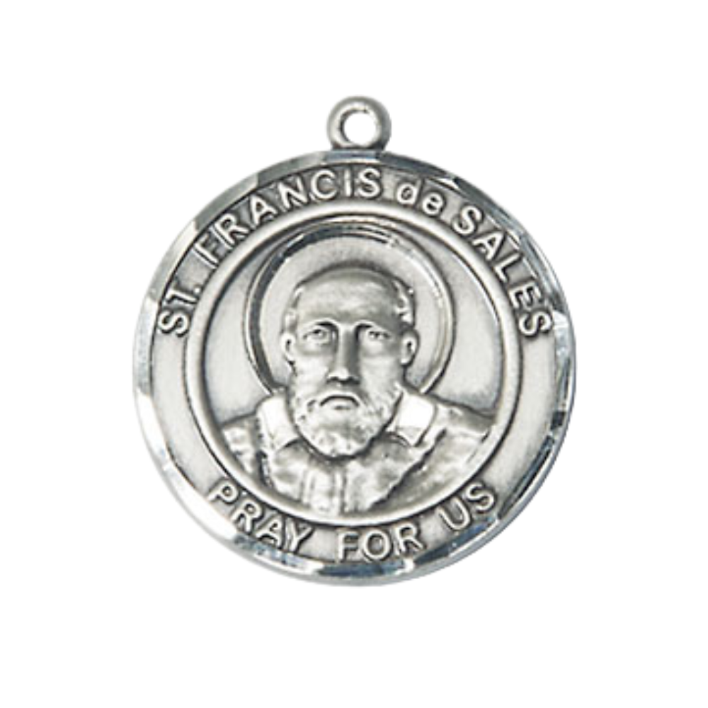 Medium Men's .925 Sterling Silver Saint Francis de Sales Medal Pendant on 24 Inch Endless Rhodium Plated Heavy Curb Brass Chain, Catholic Religious Necklace -Made in USA- Deluxe Velvet Gift Box