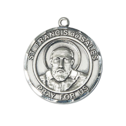 Medium Mens Round Sterling Silver Saint Francis de Sales Medal Pendant on 24" Rhodium Plated Heavy Curb Brass Chain w/ Lobster Claw Clasp, Catholic Religious Necklace -Made in USA-Velvet Gift Box