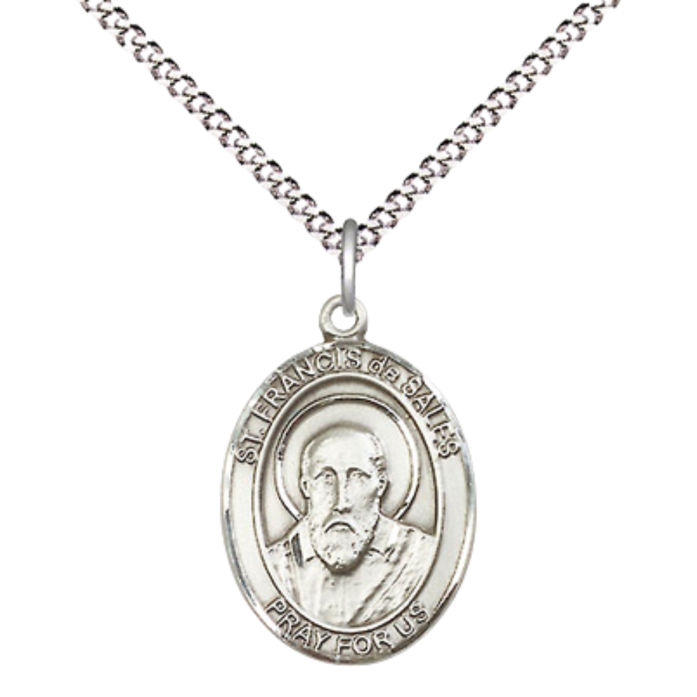 Medium Women's Pewter Saint Francis de Sales Pendant Necklace on 18-inch Rhodium-Plated Lite Curb Brass Chain – Patron Saint of Authors, Teachers, and Deafness – ¾" x ½" Medal – Velvet Gift Box Included