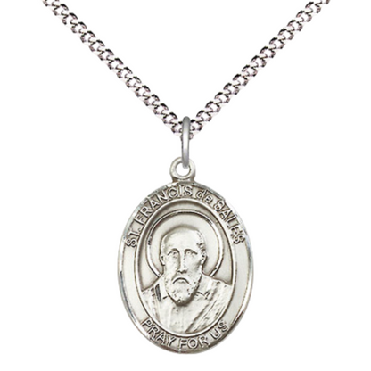 Medium Women's Pewter Saint Francis de Sales Pendant Necklace on 18-inch Rhodium-Plated Lite Curb Brass Chain – Patron Saint of Authors, Teachers, and Deafness – ¾" x ½" Medal – Velvet Gift Box Included
