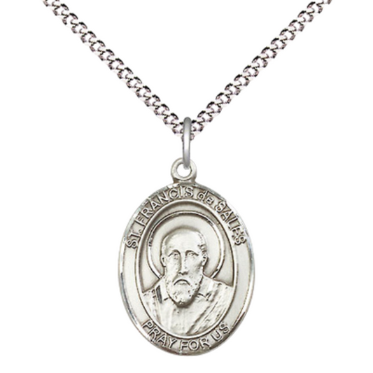Medium Women's Sterling Silver Saint Francis de Sales Pendant Necklace on 18-Inch Rhodium Plated Lite Curb Brass Chain – Patron Saint of Authors, Teachers, and Deafness – Velvet Gift Box Included