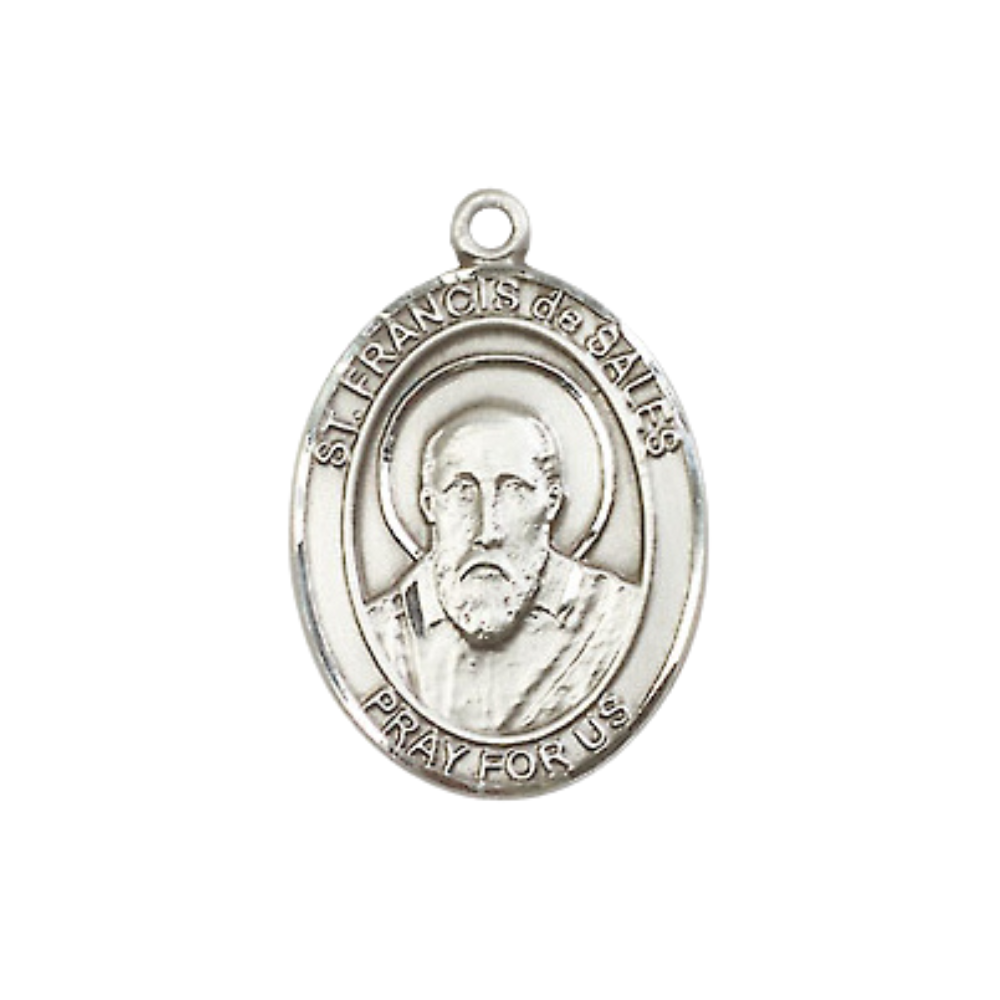 Medium Women's Sterling Silver Saint Francis de Sales Pendant Necklace on 18-Inch Rhodium Plated Lite Curb Brass Chain – Patron Saint of Authors, Teachers, and Deafness – Velvet Gift Box Included