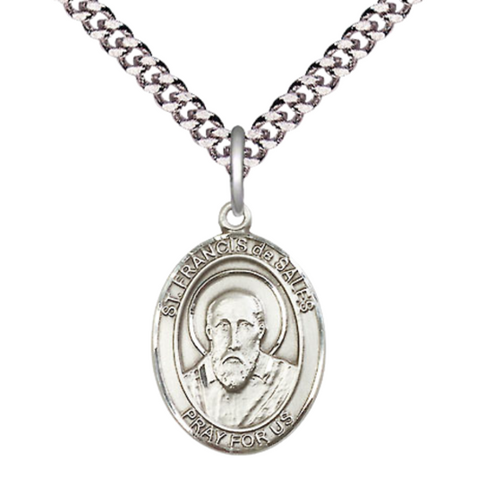 Medium Men's Pewter Saint St.Francis de Sales Medal Pendant on 24 Inch Endless Rhodium Plated Heavy Curb Brass Chain, Catholic Religious Necklace -Made in USA- Deluxe Velvet Gift Box