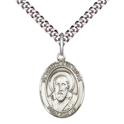 Medium Mens Oval Sterling Silver Saint Francis de Sales Medal Pendant on 24" Rhodium Plated Heavy Curb Brass Chain w/ Lobster Claw Clasp,Catholic Religious Necklace -Made in USA-Velvet Gift Box