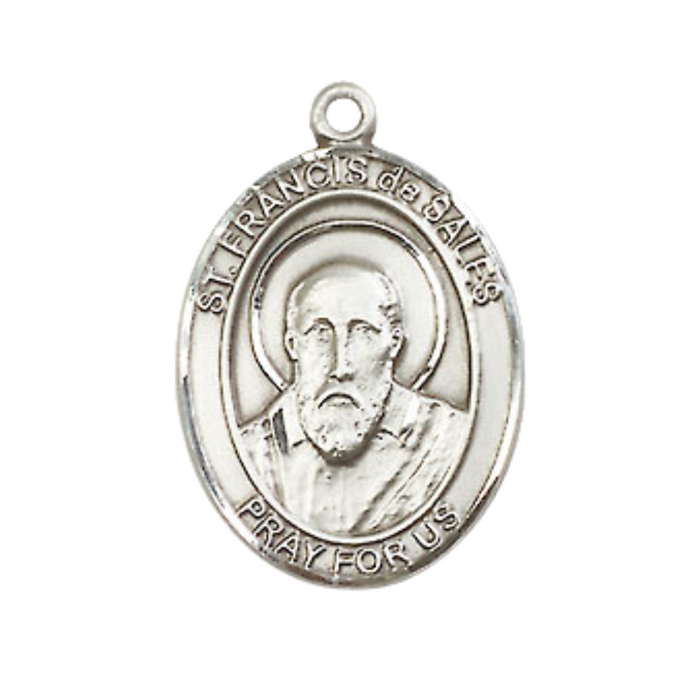 Medium Men's Pewter Saint St.Francis de Sales Medal Pendant on 24 Inch Endless Rhodium Plated Heavy Curb Brass Chain, Catholic Religious Necklace -Made in USA- Deluxe Velvet Gift Box