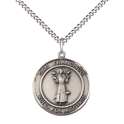 Spanish Script Women's Pewter Saint St. Francis of Assisi Medal Pendant on 18 Inch Rhodium Plated Lite Curb Brass Chain, Catholic Religious Necklace with Lobster Claw Clasp - Made in USA, Deluxe Velvet Gift Box.