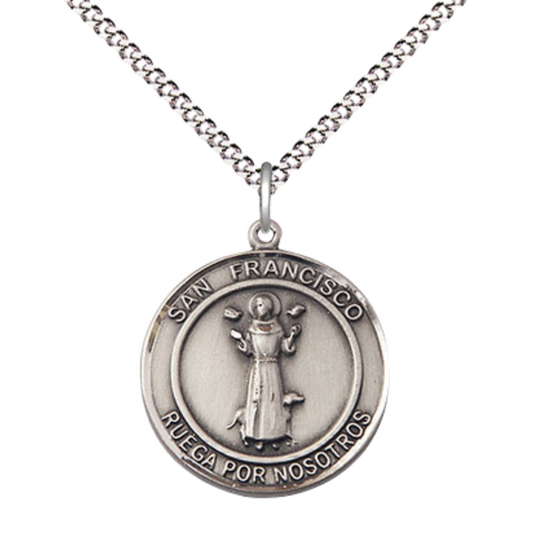 Everlasting Light Jewelry Medium Women's .925 Sterling Silver San Francisco of Assisi Pendant Necklace on 18- Inch Rhodium- Plated Lite Curb Brass Chain – Patron Saint St. of Animals, Catholic Medal – Velvet Gift Box Included