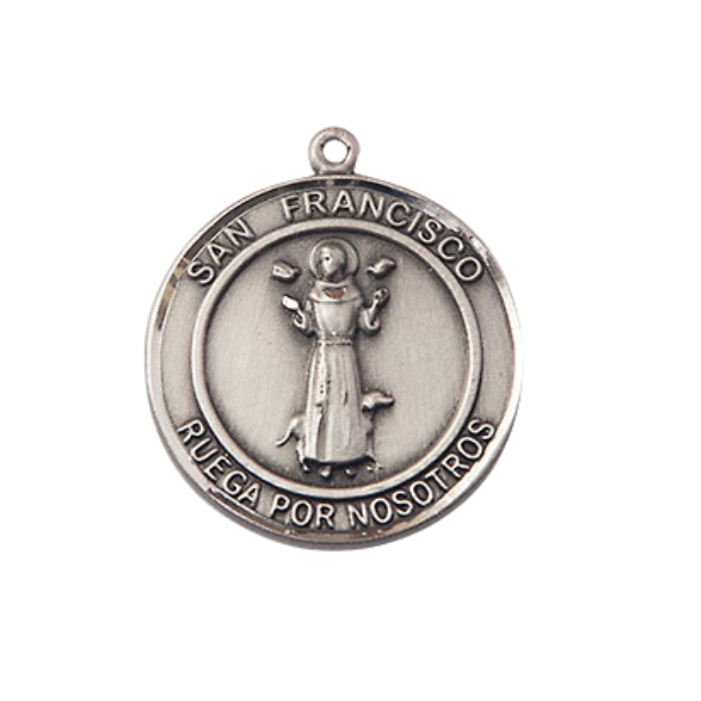 Spanish Script Women's Pewter Saint St. Francis of Assisi Medal Pendant on 18 Inch Rhodium Plated Lite Curb Brass Chain, Catholic Religious Necklace with Lobster Claw Clasp - Made in USA, Deluxe Velvet Gift Box.