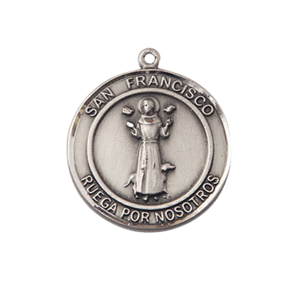 Spanish Script Men's .925 Sterling Silver Saint St. Francis of Assisi Medal Pendant on 24 Inch Endless Rhodium Plated Heavy Curb Chain, Catholic Religious Necklace - Made in USA- Deluxe Velvet Gift Box