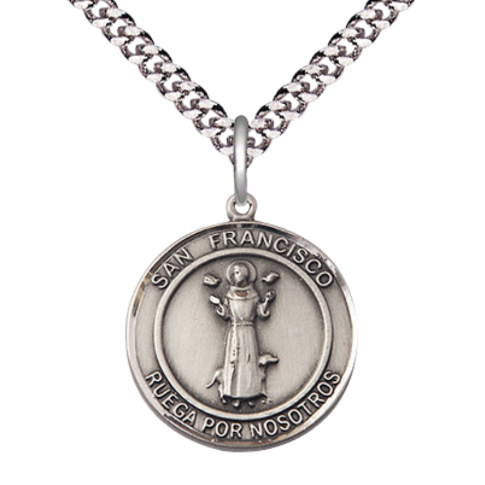 Spanish Script Men's .925 Sterling Silver Saint St. Francis of Assisi Medal Pendant on 24 Inch Endless Rhodium Plated Heavy Curb Chain, Catholic Religious Necklace - Made in USA- Deluxe Velvet Gift Box