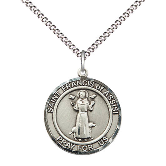 Medium Women's .925 Sterling Silver Saint St. Francis of Assisi Pendant Necklace on 18 Inch Rhodium- Plated Lite Curb Brass Chain with Lobster Claw Clasp – Patron Saint St. of Animals & Catholic Action – Velvet Gift Box