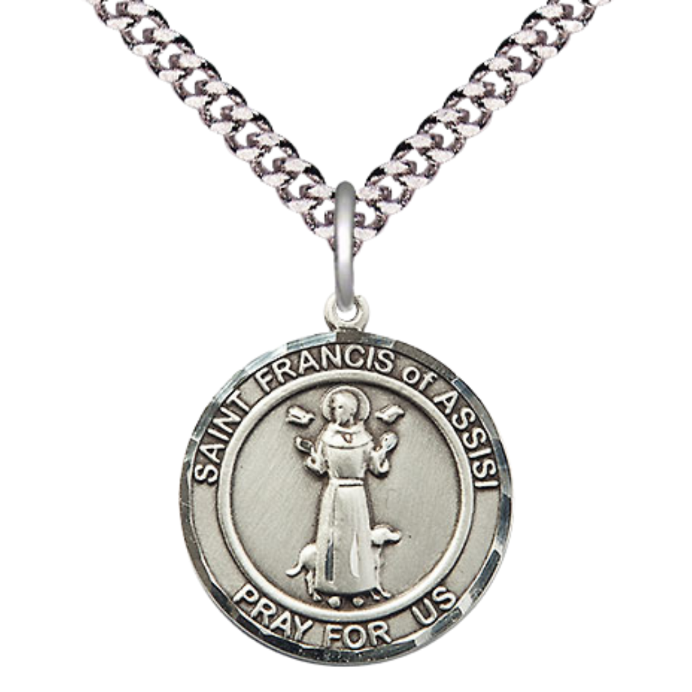 Medium Men's .925 Sterling Silver Saint St. Francis of Assisi Medal Pendant on 24 Inch Endless Rhodium Plated Heavy Curb Brass Chain, Catholic Religious Necklace - Made in USA- Deluxe Velvet Gift Box