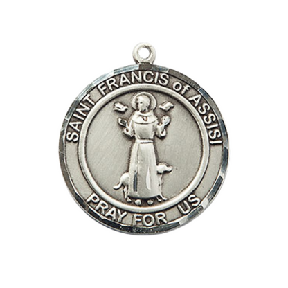 Medium Mens Round Sterling Silver Saint Francis of Assisi Medal Pendant on 24" Rhodium Plated Heavy Curb Brass Chain w/ Lobster Claw Clasp,Catholic Religious Necklace -Made in USA-Velvet Gift Box