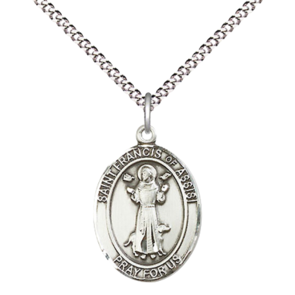 Medium Women's .925 Sterling Silver Saint St. Francis of Assisi Pendant Necklace on 18- Inch Rhodium Plated Lite Curb Brass Chain – Patron Saint St. of Animals & Catholic Action – Velvet Gift Box Included