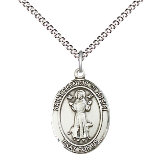 Medium Women's Pewter Saint Francis of Assisi Pendant Necklace on 18-inch Rhodium-Plated Lite Curb Brass Chain – Patron Saint of Animals and Catholic Action – ¾" x ½" Medal – Velvet Gift Box Included