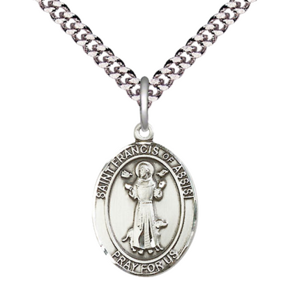 Medium Men's Pewter Saint St. Francis of Assisi Medal Pendant on 24 Inch Endless Rhodium Plated Heavy Curb Brass Chain, Catholic Religious Necklace - Made in USA- Deluxe Velvet Gift Box
