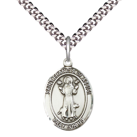 Medium Men's Pewter Saint St. Francis of Assisi Medal Pendant on 24 Inch Endless Rhodium Plated Heavy Curb Brass Chain, Catholic Religious Necklace - Made in USA- Deluxe Velvet Gift Box