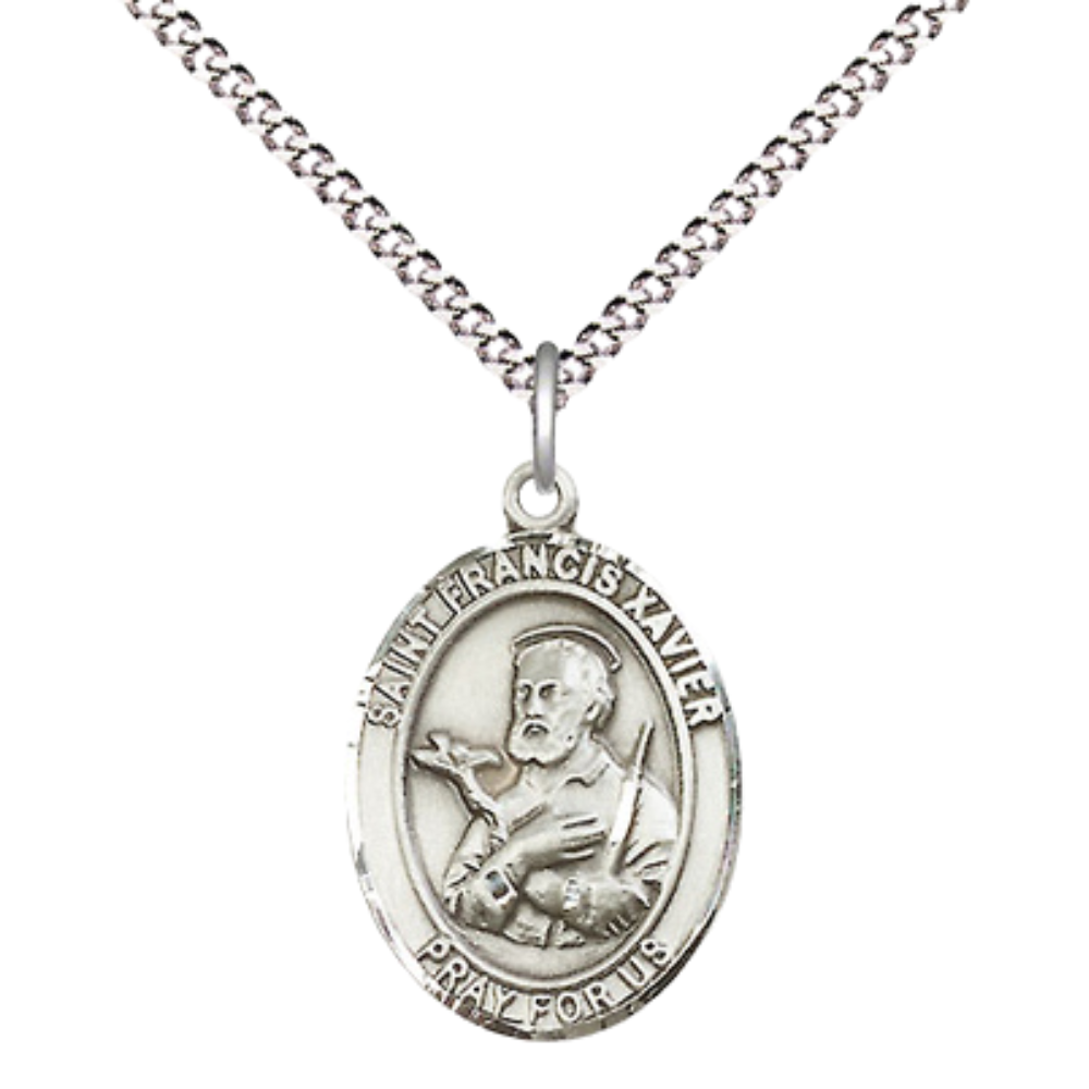 Medium Women's Pewter Saint St. Francis Xavier Pendant Necklace on 18- inch Rhodium- Plated Lite Curb Brass Chain – Patron Saint St. of Foreign Missions – ¾ x ½ Medal, Catholic Medal – Velvet Gift Box Included