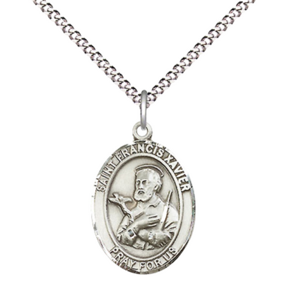 Medium Women's Pewter Saint St. Francis Xavier Pendant Necklace on 18- inch Rhodium- Plated Lite Curb Brass Chain – Patron Saint St. of Foreign Missions – ¾ x ½ Medal, Catholic Medal – Velvet Gift Box Included