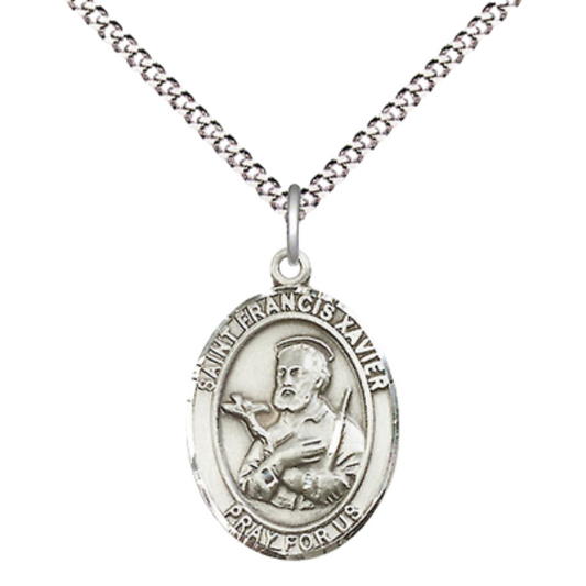 Medium Women's Pewter Saint St. Francis Xavier Pendant Necklace on 18- inch Rhodium- Plated Lite Curb Brass Chain – Patron Saint St. of Foreign Missions – ¾ x ½ Medal, Catholic Medal – Velvet Gift Box Included