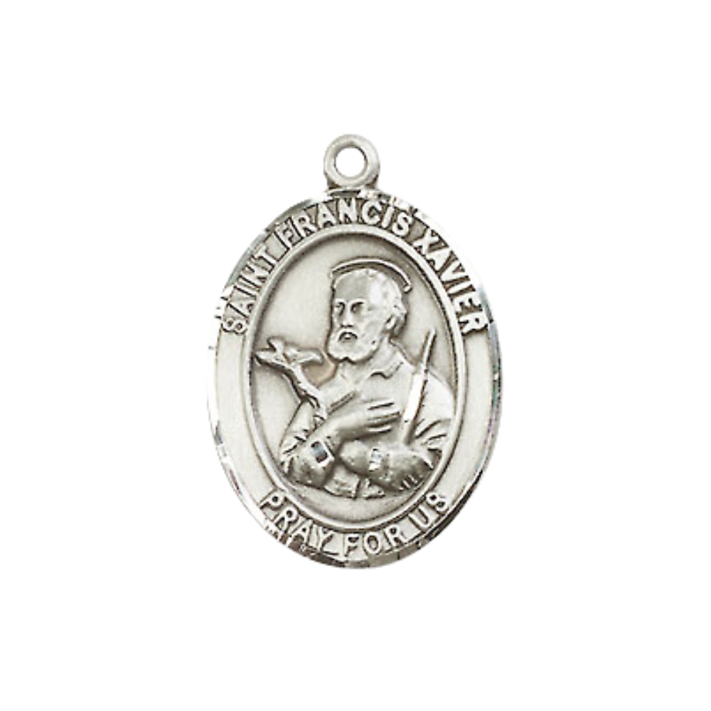 Medium Women's Pewter Saint St. Francis Xavier Pendant Necklace on 18- inch Rhodium- Plated Lite Curb Brass Chain – Patron Saint St. of Foreign Missions – ¾ x ½ Medal, Catholic Medal – Velvet Gift Box Included