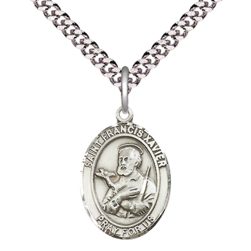 Medium Mens Oval .925 Sterling Silver Saint St. Francis Xavier Medal Pendant on 24 Inch Rhodium Plated Heavy Curb Brass Chain w/ Lobster Claw Clasp, Catholic Religious Necklace - Made in USA- Velvet Gift Box