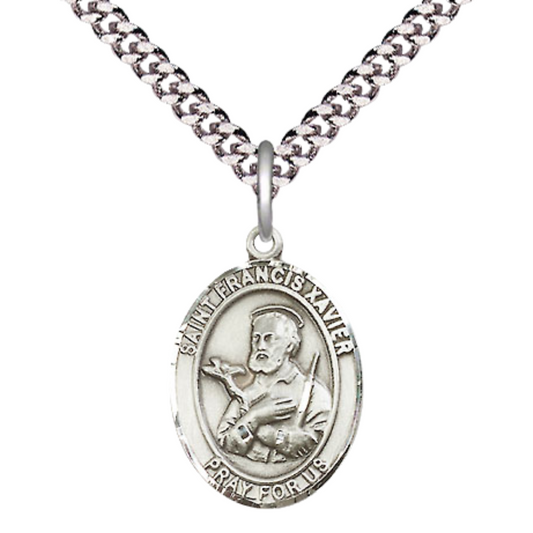 Everlasting Light Jewelry Medium Men's Pewter Saint St. Francis Xavier Medal Pendant on 24 Inch Endless Rhodium Plated Heavy Curb Brass Chain, Catholic Religious Necklace - Made in USA- Deluxe Velvet Gift Box