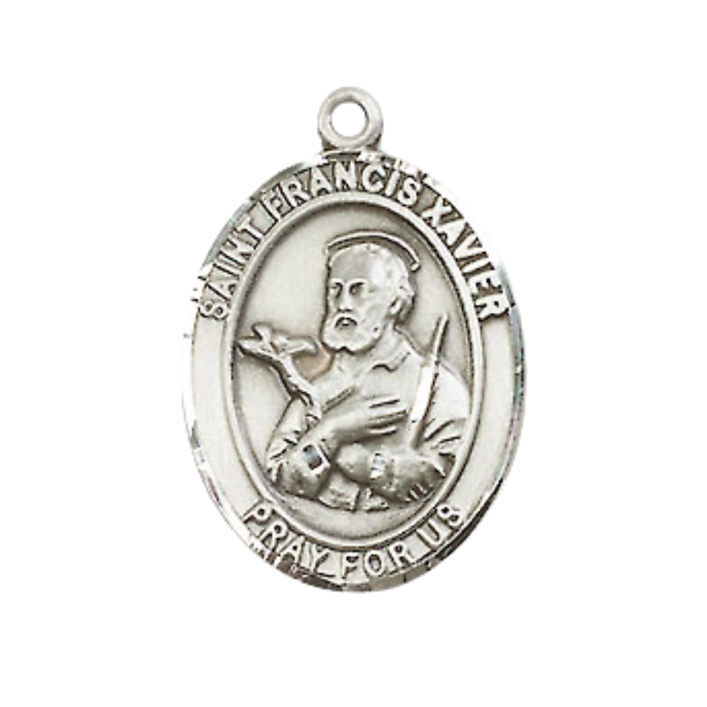 Mens Medium Oval Pewter Saint St. Francis Xavier Medal Pendant on 24 Inch Rhodium Plated Heavy Curb Brass Chain w/ Lobster Claw Clasp, Catholic Religious Necklace - Made in USA- Velvet Gift Box