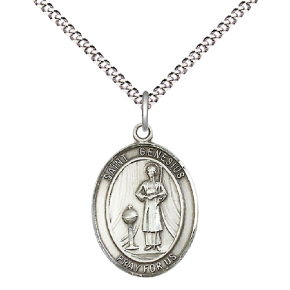 Everlasting Light Jewelry Medium Women's Pewter Saint St. Genesius of Rome Pendant Necklace on 18- inch Rhodium- Plated Lite Curb Brass Chain, Catholic Medal - Patron Saint. of Actors & Comedians – – Gift Box Included