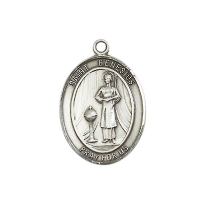 Medium Women's .925 Sterling Silver Saint St. Genesius of Rome Pendant Necklace on 18- Inch Rhodium Plated Lite Curb Brass Chain – Patron Saint St. of Actors and Comedians, Catholic Medal – Velvet Gift Box Included