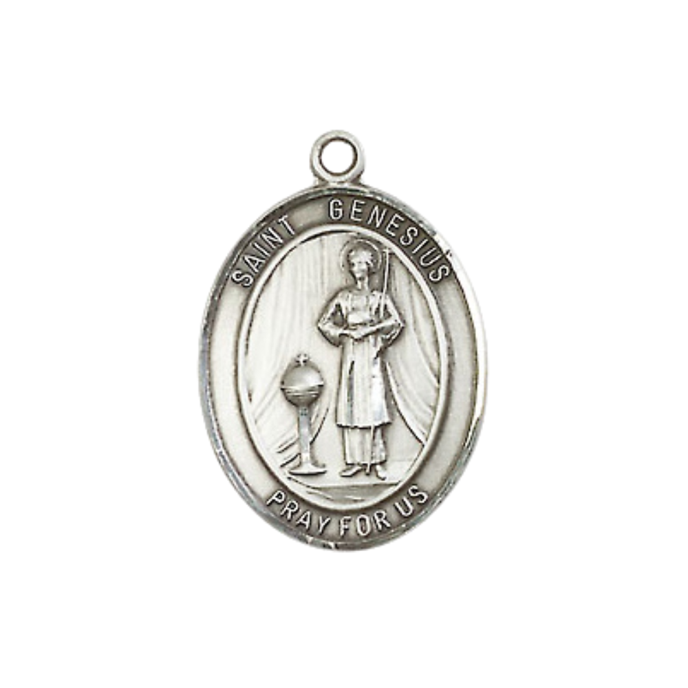 Everlasting Light Jewelry Medium Women's Pewter Saint St. Genesius of Rome Pendant Necklace on 18- inch Rhodium- Plated Lite Curb Brass Chain, Catholic Medal - Patron Saint. of Actors & Comedians – – Gift Box Included