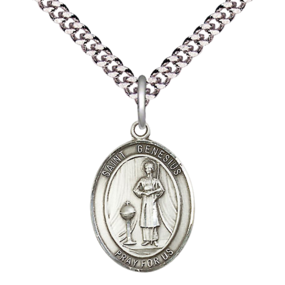 Medium Men's .925 Sterling Silver Saint Genesius of Rome Medal Pendant on 24 Inch Endless Rhodium Plated Heavy Curb Brass Chain, Catholic Religious Necklace -Made in USA- Deluxe Velvet Gift Box