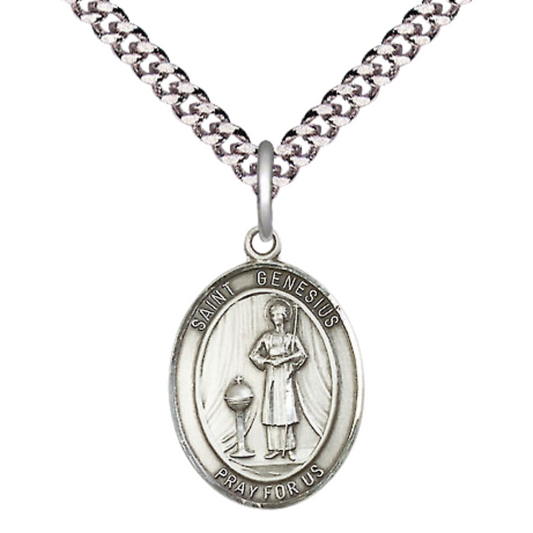 Medium Men's .925 Sterling Silver Saint Genesius of Rome Medal Pendant on 24 Inch Endless Rhodium Plated Heavy Curb Brass Chain, Catholic Religious Necklace -Made in USA- Deluxe Velvet Gift Box