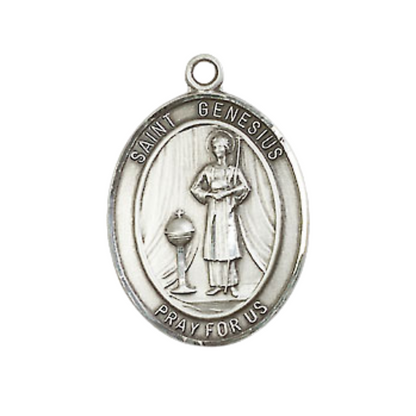 Medium Mens Oval .925 Sterling Silver Saint St. Genesius of Rome Medal Pendant on 24 Inch Rhodium Plated Heavy Curb Brass Chain w/ Lobster Claw Clasp, Catholic Religious Necklace - Made in USA- Velvet Gift Box